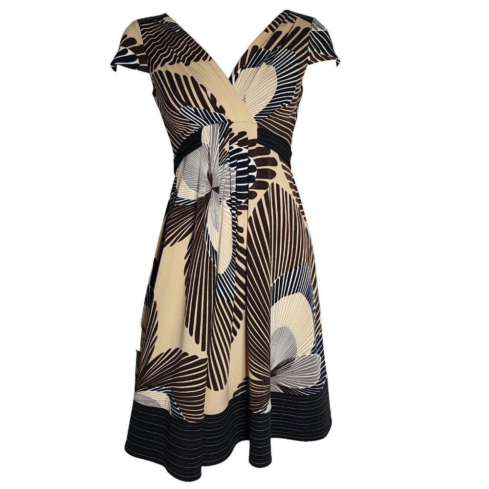 Maggy London Dress Womens Size 4‎ Brown Leaf Pattern Tie Waist Cap Sleeve